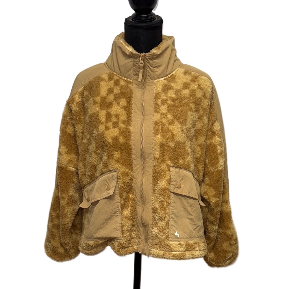 JoyLab Large Tan Cream Buffalo Check Teddy Fleece Zip Utility Jacket Cozy